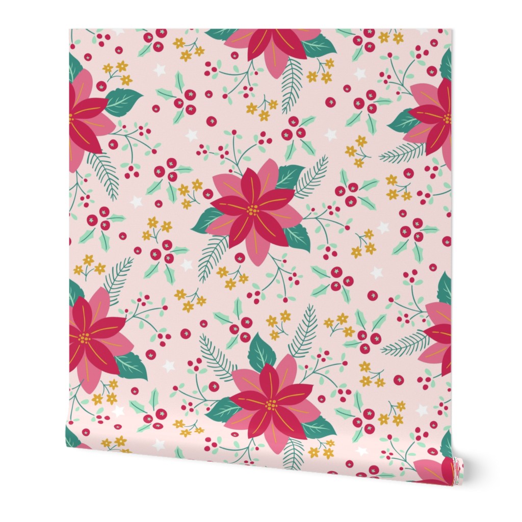 Mini scale 7 inch // // Christmas poinsettia florals vintage pink and green mistletoe