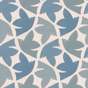 Linen Stamped Birds - Large - Blue