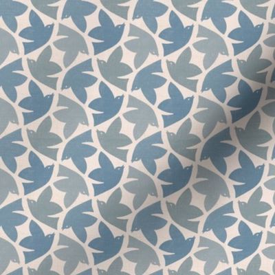 Linen Stamped Birds - Small - Blue