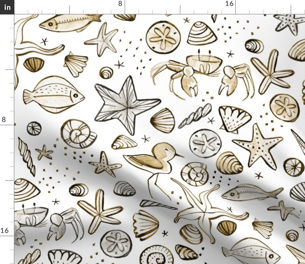 L | Watercolor Seashells, Birds, and Crabs on the Beach Sand Tan - ©Lucinda Wei