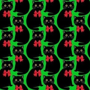 Black Cats with Red Bows on Green