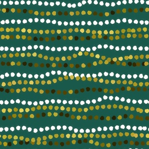 Wavy Hand Drawn Polka Dot Stripes in Gold, White, Brown on Green
