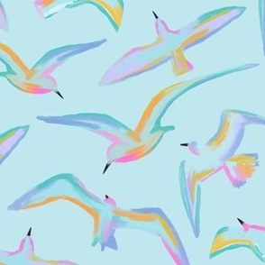 seagulls - multi colours - coastal birds - light/teal blue background 