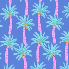 vibrant coastal palm trees - pink and teal blue on bright blue background 