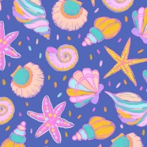Colourful seashells - multi colour purplish blue background - summer/beach pattern 