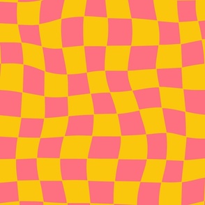 Sweet-cute-kitschy-beige-bold-corn-yellow-pink-curvilinear-distorted-checkerboards-XL-jumbo