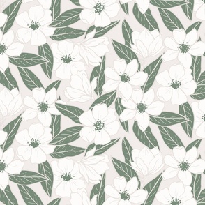 Sketched floral magnolia / dark green, white and beige