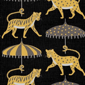 whimsical tiger and leopard parade/black and ochre/jumbo