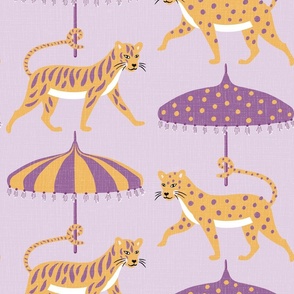 whimsical tiger and leopard parade/lavender and ochre/jumbo