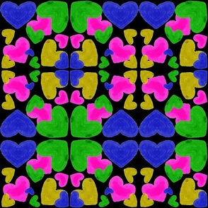 Colorful Hearts - Pink Hearts, Blue Hearts, Green Hearts, Yellow Hearts on Black Background / Mirrored Hearts+