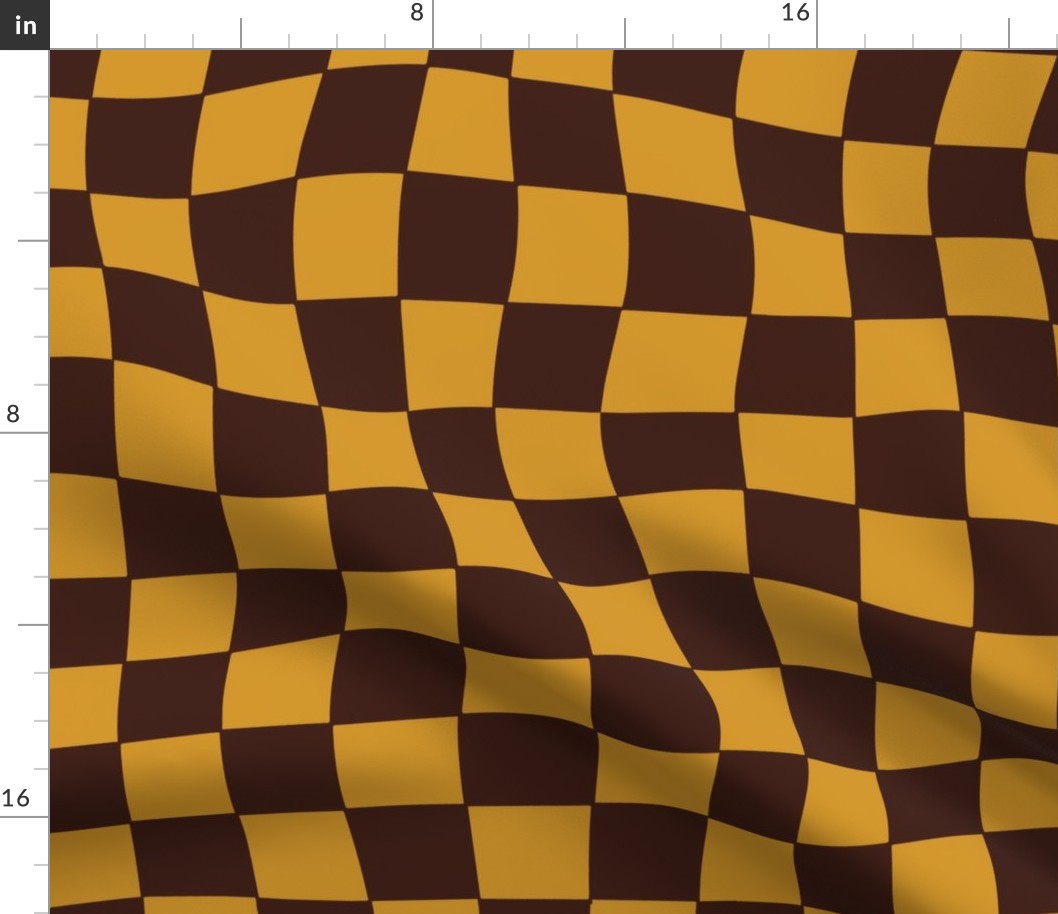 Groovy-retro-vintage-1970s-mustard-yellow-chocolate-brown--curvilinear-distorted-checkerboards-XL-jumbo