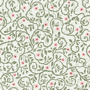 (L) Twisted vines-Tiny Flowers-Leaves-Textured-Green-Pink