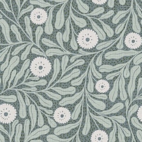 (Small)-Gerbe Retro Wild flowers-Muted-Rustic-Textured- Sage Green-White