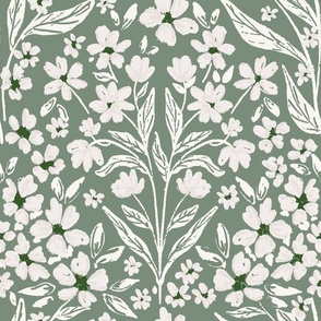 Sketched farmhouse floral in green for interiors. hand drawn block print inspired flowers