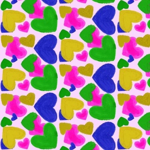 Colorful Hearts - Pink Hearts, Blue Hearts, Green Hearts, Yellow Hearts on Pink Background