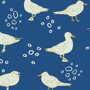 Cream colored Seagulls with cream circles | Big Version | hand drawn Pattern of Beach Wildlife on blue background