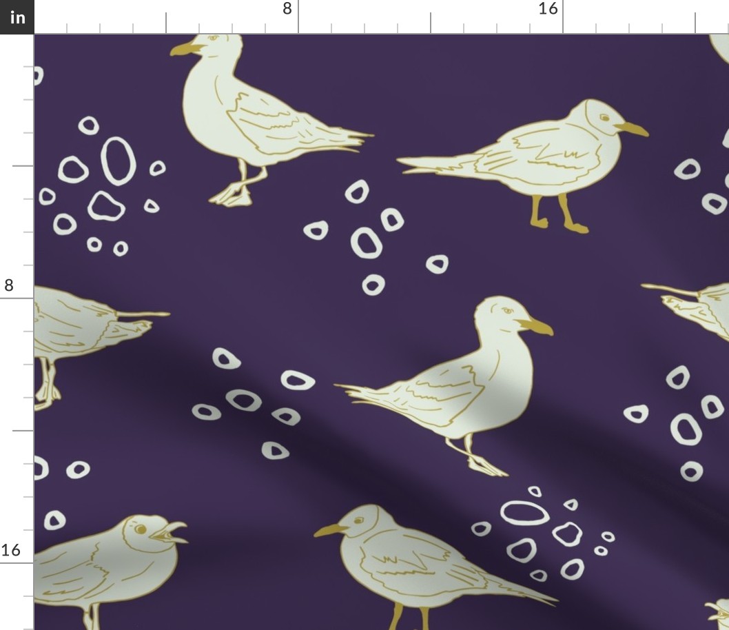 Cream colored Seagulls with cream circles | Big Version | hand drawn Pattern of Beach Wildlife on lilac background