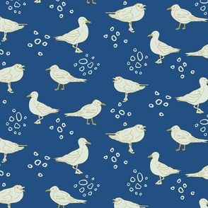 Cream colored Seagulls with cream circles | Medium Version | hand drawn Pattern of Beach Wildlife on blue background