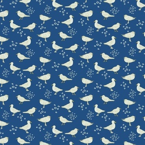 Cream colored Seagulls with cream circles | Small Version | hand drawn Pattern of Beach Wildlife on blue background