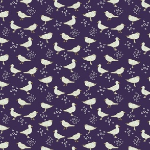 Cream colored Seagulls with cream circles | Small Version | hand drawn Pattern of Beach Wildlife on lilac background