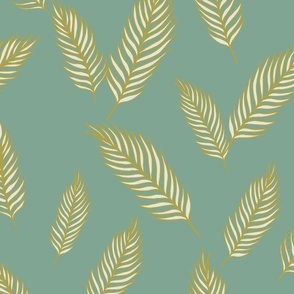 Cream and Golden colored Palm Leaves | Big Version | hand drawn Pattern of Beach Wildlife on mint background