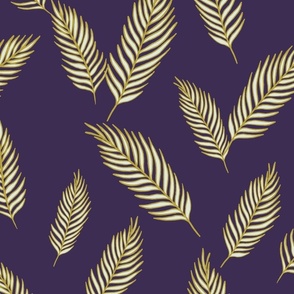 Cream and Golden colored Palm Leaves | Big Version | hand drawn Pattern of Beach Wildlife on lilac background