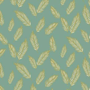 Cream and Golden colored Palm Leaves | Medium Version | hand drawn Pattern of Beach Wildlife on mint background