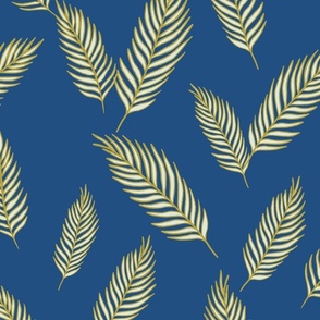 Cream and Golden colored Palm Leaves | Big Version | hand drawn Pattern of Beach Wildlife on blue background