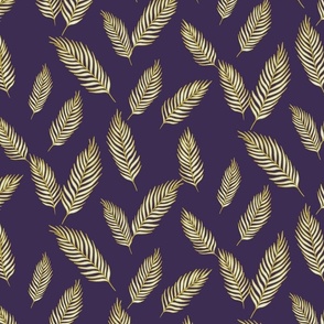 Cream and Golden colored Palm Leaves | Medium Version | hand drawn Pattern of Beach Wildlife on lilac background