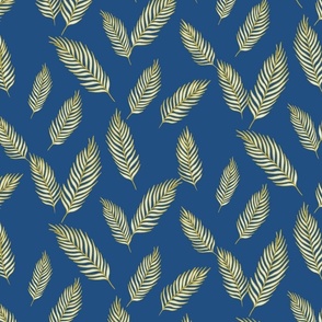 Cream and Golden colored Palm Leaves | Medium Version | hand drawn Pattern of Beach Wildlife on blue background