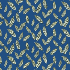 Cream and Golden colored Palm Leaves | Small Version | hand drawn Pattern of Beach Wildlife on blue background