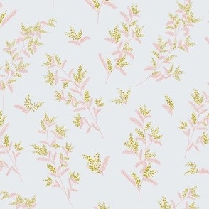 Yellow mimosa with pink leaves, on a neutral background. Design with delicate flowers, romantic, for spring-summer outfits and elegant home decor.