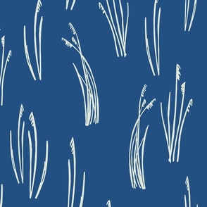 Cream colored Beach Grass | Big Version | hand drawn Pattern of Beach Wildlife on Blue Background