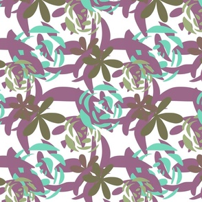 Tangled Green and Burgundy Rose Pattern on White