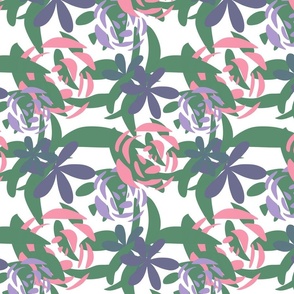 Tangled Pink and Green Rose Pattern on White