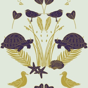 Lilac Turtles and Seagulls with golden Beach Plants and Shells | Big Version | hand drawn Geometrie Pattern of Beach Wildlife on Cream Background