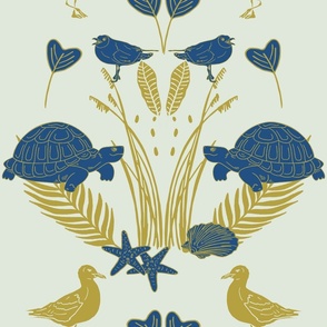Blue Turtles and Seagulls with golden Beach Plants and Shells | Big Version | hand drawn Geometrie Pattern of Beach Wildlife on Cream Background