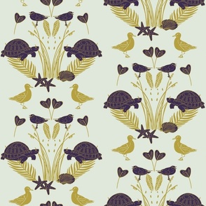 Lilac Turtles and Seagulls with golden Beach Plants and Shells | Medium Version | hand drawn Geometrie Pattern of Beach Wildlife on Cream Background