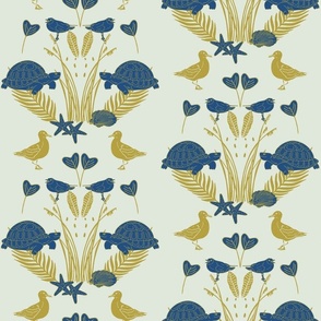 Blue Turtles and Seagulls with golden Beach Plants and Shells | Medium Version | hand drawn Geometrie Pattern of Beach Wildlife on Cream Background