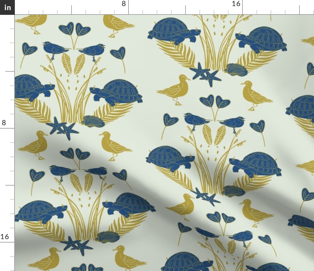 Blue Turtles and Seagulls with golden Beach Plants and Shells | Medium Version | hand drawn Geometrie Pattern of Beach Wildlife on Cream Background