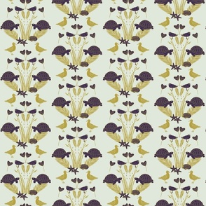 Lilac Turtles and Seagulls with golden Beach Plants and Shells | Small Version | hand drawn Geometrie Pattern of Beach Wildlife on Cream Background
