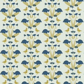 Blue Turtles and Seagulls with golden Beach Plants and Shells | Small Version | hand drawn Geometrie Pattern of Beach Wildlife on Cream Background
