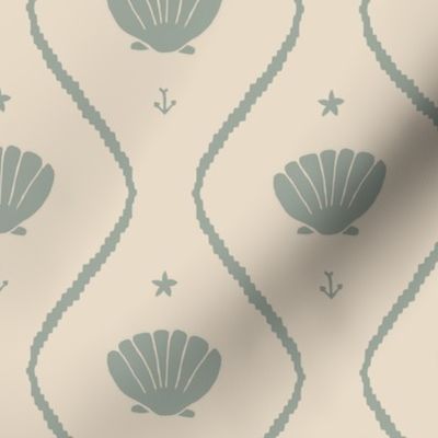 Seashells in the waves in moody earthy sage green on cream - minimalist marine ogee pattern with vintage vibe for classic elegant kids room, coastal chic or grandmillennial interior