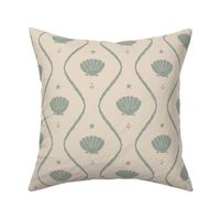 Seashells in the waves in moody earthy sage green on cream - minimalist marine ogee pattern with vintage vibe for classic elegant kids room, coastal chic or grandmillennial interior