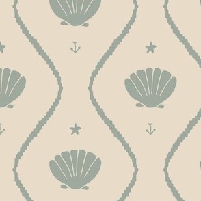 Seashells in the waves in moody earthy sage green on cream - minimalist marine ogee pattern with vintage vibe for classic elegant kids room, coastal chic or grandmillennial interior