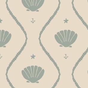 Seashells in the waves in moody earthy sage green on cream - minimalist marine ogee pattern with vintage vibe for classic elegant kids room or grandmillennial interior