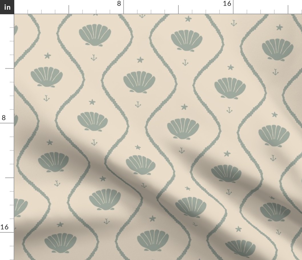 Seashells in the waves in moody earthy sage green on cream - minimalist marine ogee pattern with vintage vibe for classic elegant kids room, coastal chic or grandmillennial interior