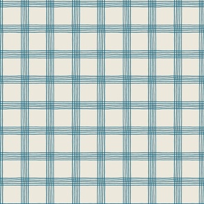 (S) Hand-drawn Plaid - Thin Line Cottage Core Windowpane Check - denim blue on cream