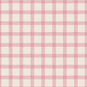 (S) Hand-drawn Plaid - Thin Line Cottage Core Windowpane Check - pink on cream