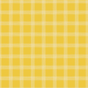 (S) Hand-drawn Plaid - Thin Line Cottage Core Windowpane Check - cream on yellow